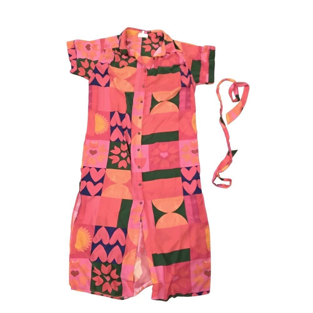 Grace & Mila Paris Pink Geometric Heart Print Button Front Midi Shirt Dress L‎